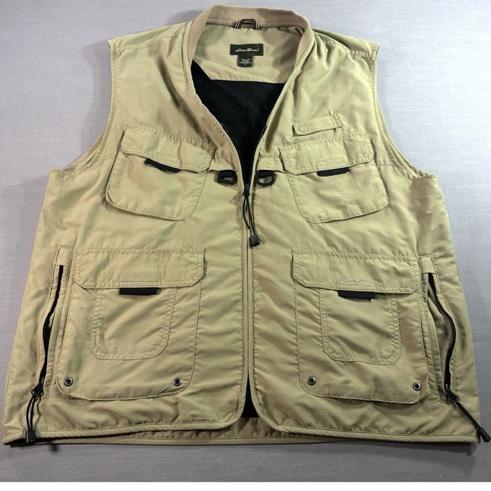Eddie Bauer Utility Vest Men's Large Khaki Hiking Fishing Safari Travel Outdoor
